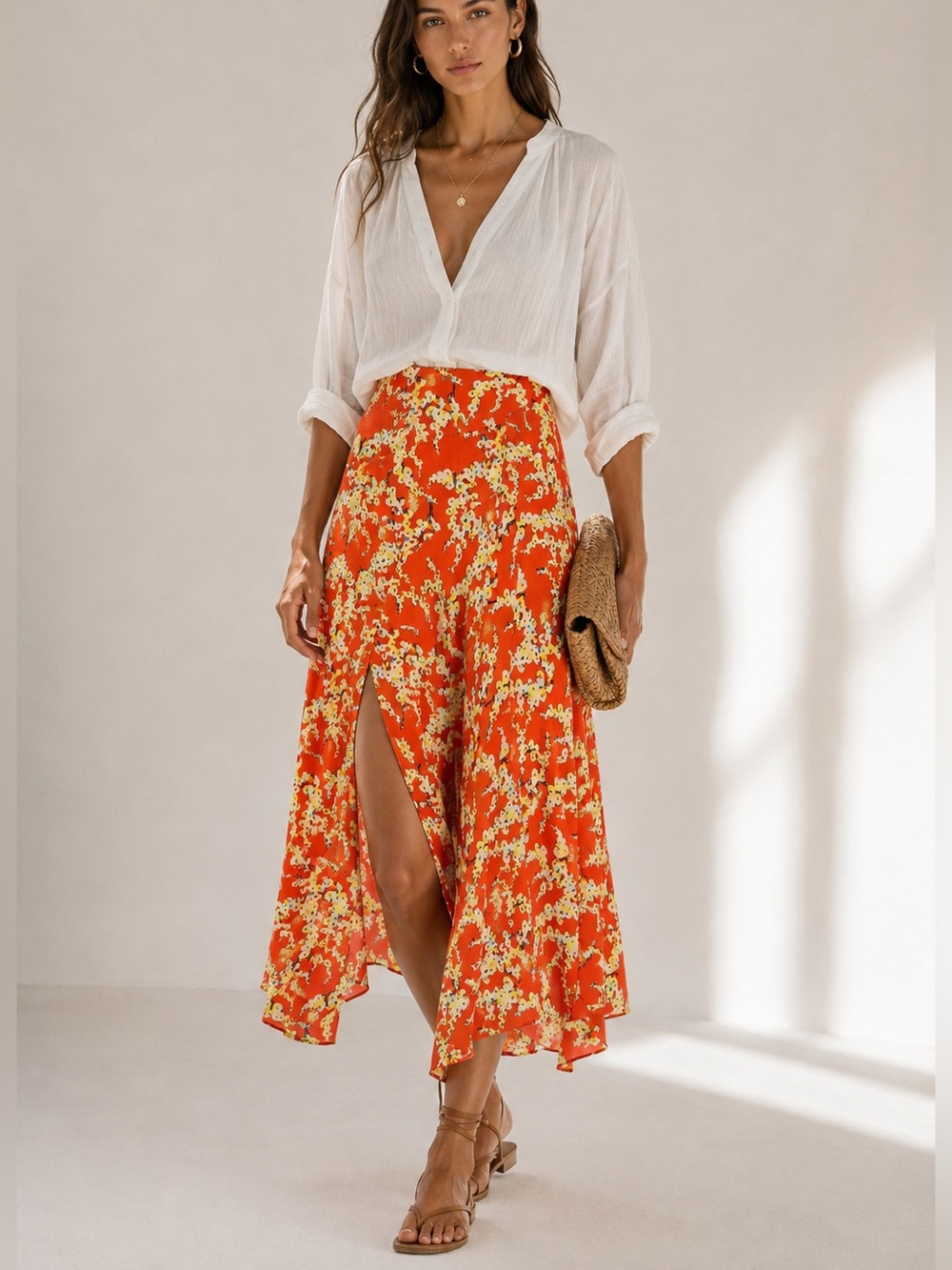 A.L.C Lev Silk Orange Floral Asymmetric Midi Skirt Size 4